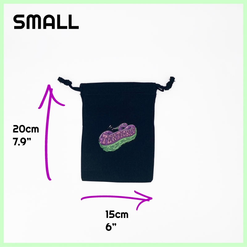 A small black drawstring bag with Tentickle logo printed on the front, and size dimensions indicated on the left side and underneath