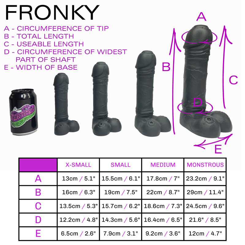 Size sheet for Fronky, showing 4 sizes relative to a standard drinks can. Below this is a table containing specific dimensions of each of the sizes