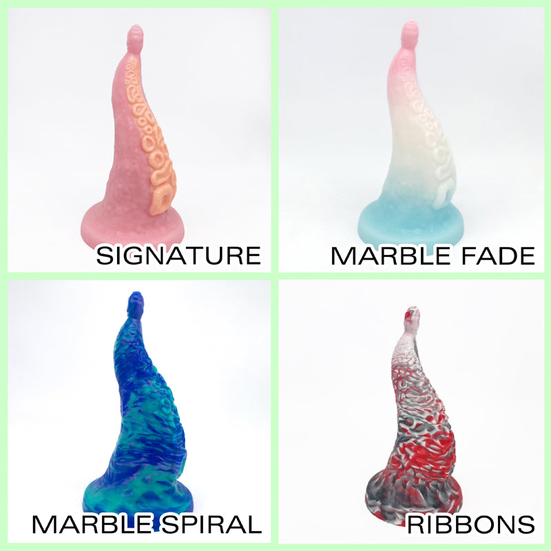 Collage image of four different pour styles. Top left is signature colour, top right is marble fade colour gradient from top to bottom, bottom left is marble spiral, and bottom right is ribboned colours