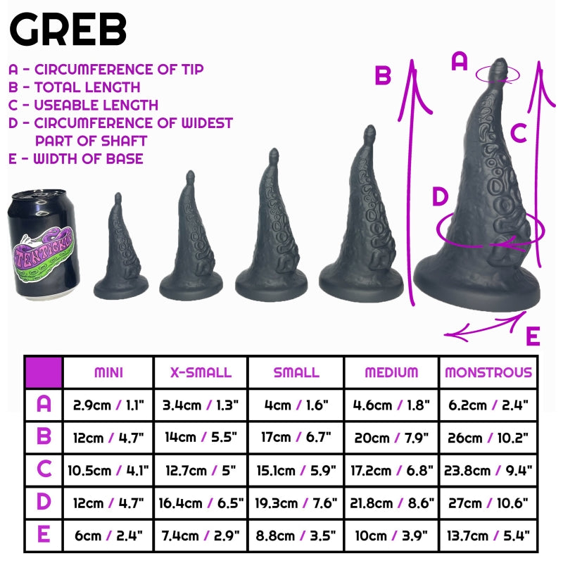 Size sheet for Greb, showing 5 sizes relative to a standard drinks can. Below this is a table containing specific dimensions of each of the sizes