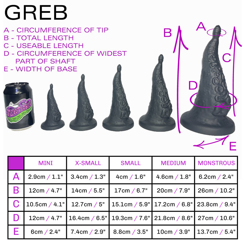 Size sheet for Greb, showing 5 sizes relative to a standard drinks can. Below this is a table containing specific dimensions of each of the sizes