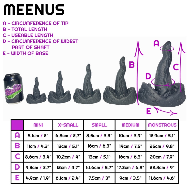 Size sheet for Meenus, showing 5 sizes relative to a standard drinks can. Below this is a table containing specific dimensions of each of the sizes