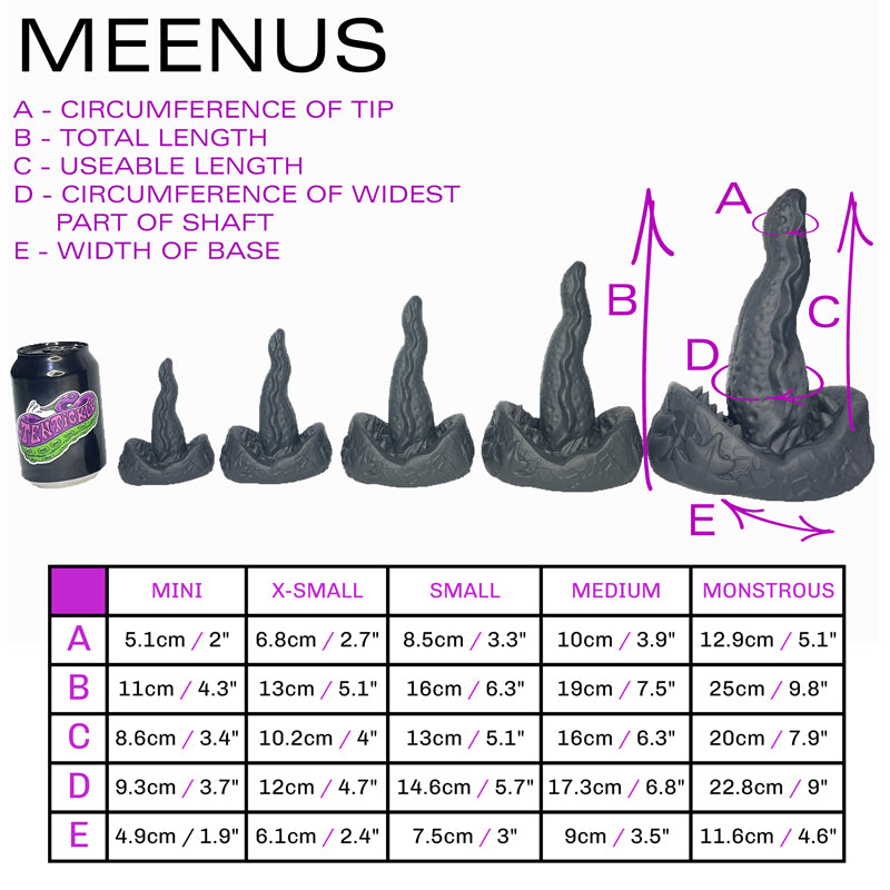 Size sheet for Meenus, showing 5 sizes relative to a standard drinks can. Below this is a table containing specific dimensions of each of the sizes