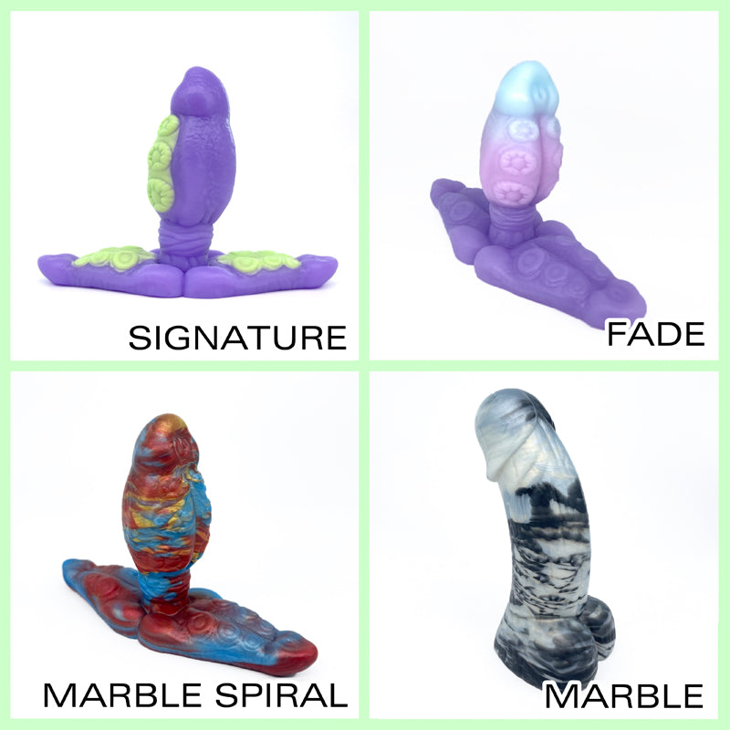 4 panels showing 4 different types of pour for Skwee: Signature (top left), Fade (top right), Marble Spiral (bottom left) and Marble (bottom right)