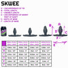 Size sheet for Skwee, showing 4 sizes relative to a standard drinks can. Below this is a table containing specific dimensions of each of the sizes