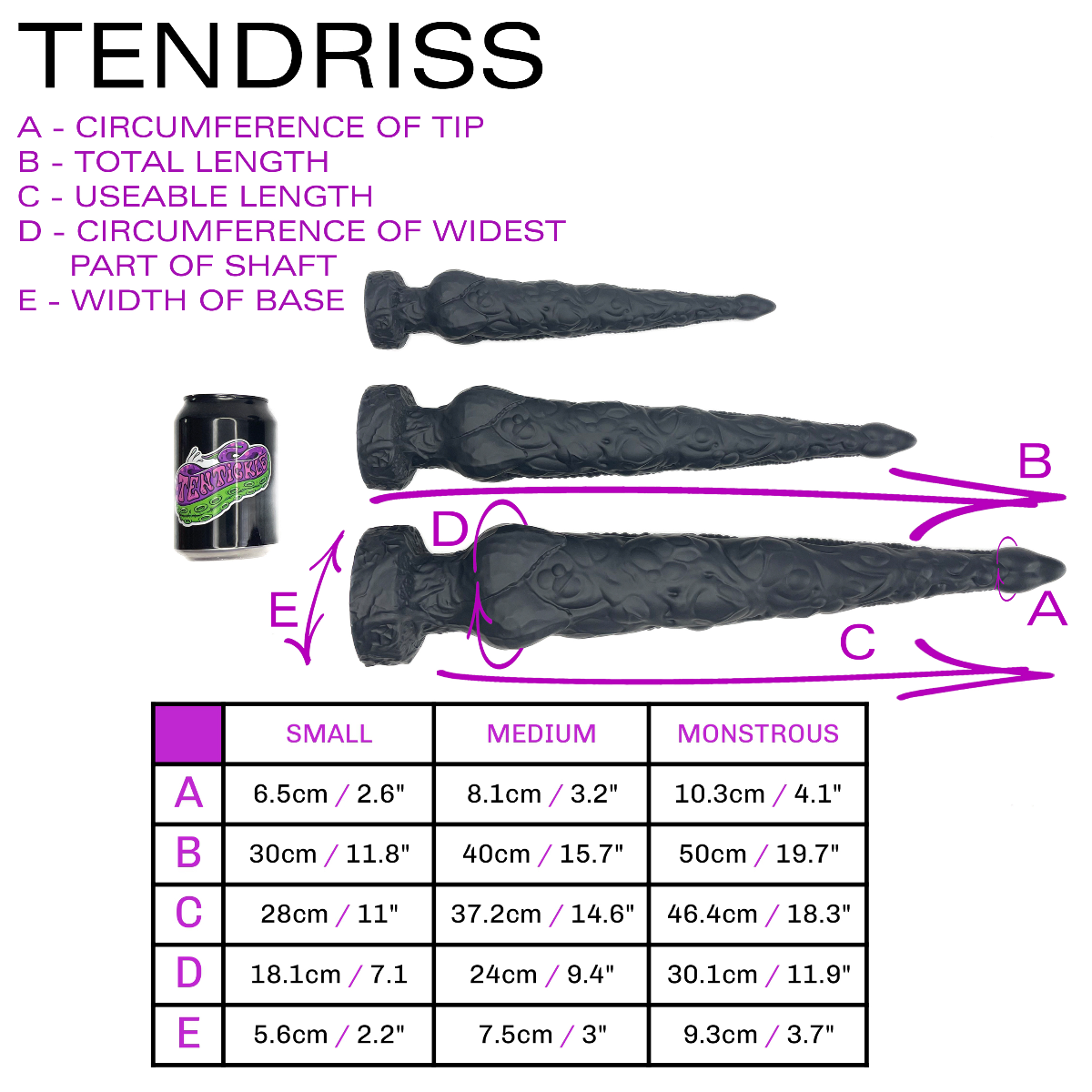 Measurement chart for a product labeled 'Tendriss' with dimensions and sizes.