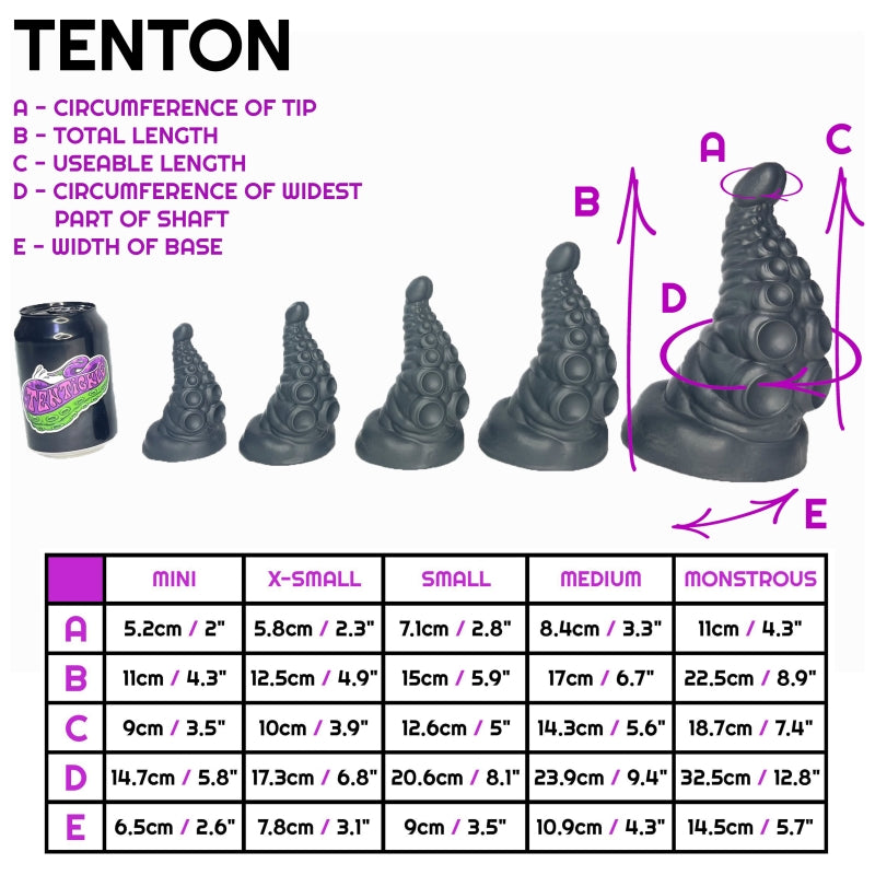 Size sheet for Tenton, showing 5 sizes relative to a standard drinks can. Below this is a table containing specific dimensions of each of the sizes