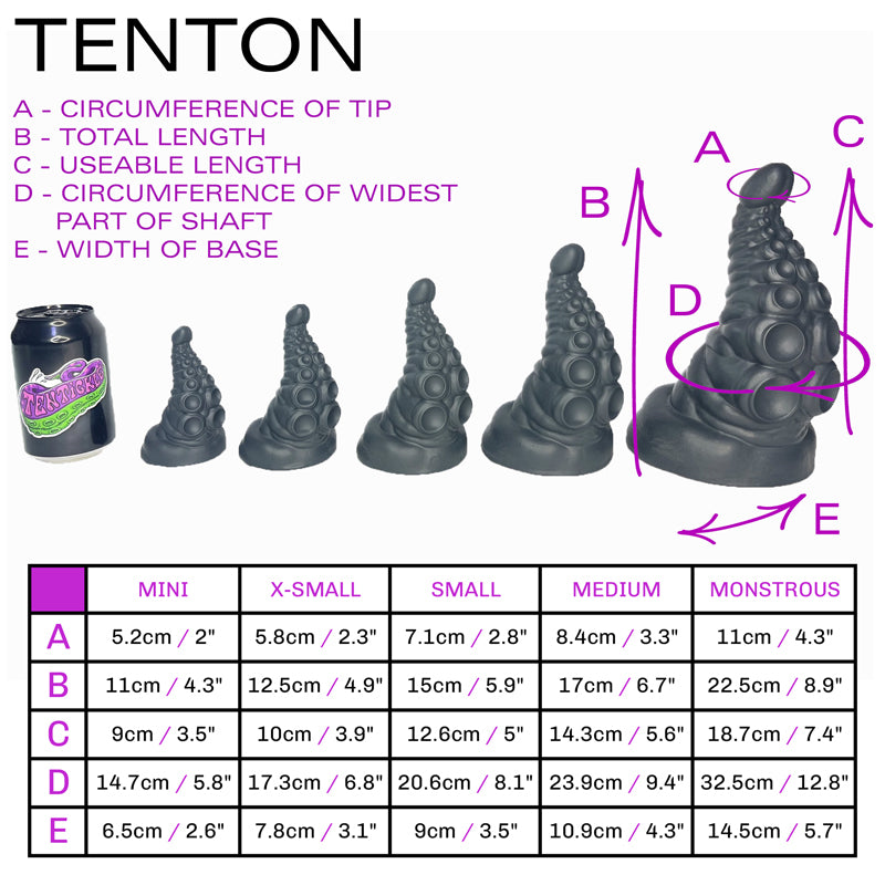 Size sheet for Tenton, showing 5 sizes relative to a standard drinks can. Below this is a table containing specific dimensions of each of the sizes