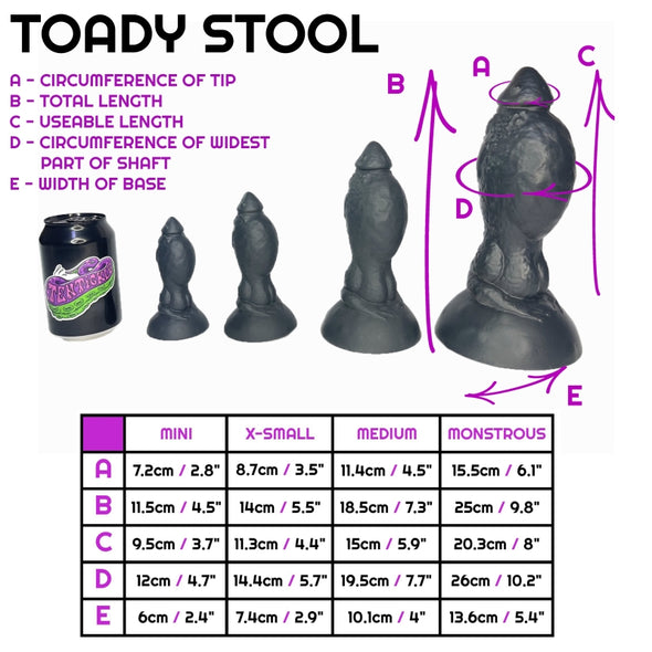 Size sheet for Toady Stool, showing 4 sizes relative to a standard drinks can. Below this is a table containing specific dimensions of each of the sizes