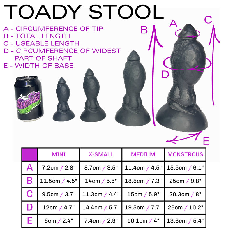Size sheet for Toady Stool, showing 4 sizes relative to a standard drinks can. Below this is a table containing specific dimensions of each of the sizes