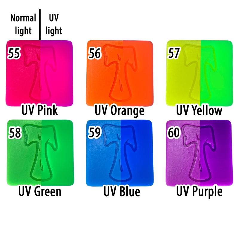 6 swatches of UV colour, numbered from 55 to 60 left to right in each row with the colour names underneath each swatch