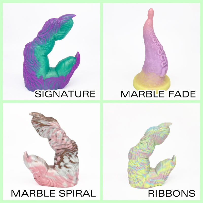 Collage image of four different pour styles. Top left is signature colour, top right is marble fade colour gradient from top to bottom, bottom left is marble spiral, and bottom right is ribboned colours