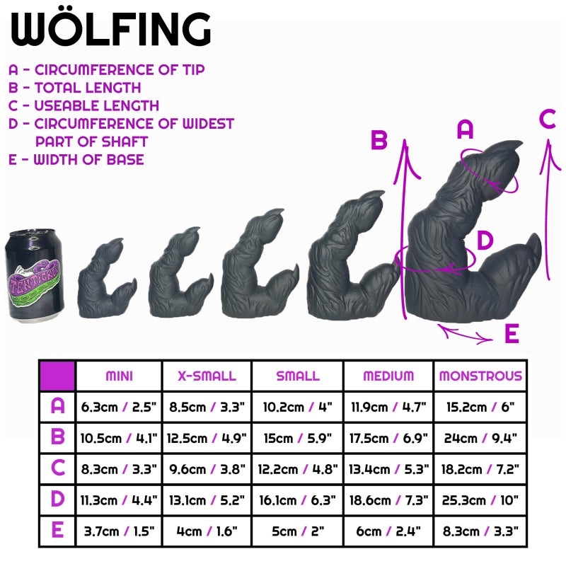A size sheet for Wolfing, a werewolf finger dildo, showing 5 different sizes of the toy compared to a standard drinks can. Below this is a table of specific metric and imperial measurements of each size