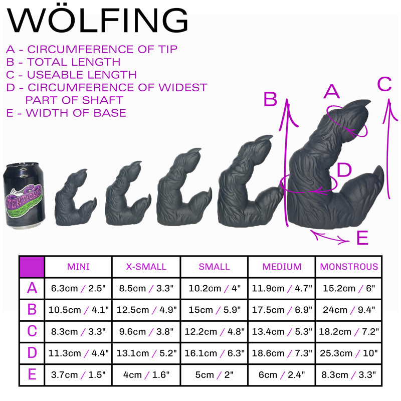 Size sheet for Wolfing, showing 5 sizes relative to a standard drinks can. Below this is a table containing specific dimensions of each of the sizes