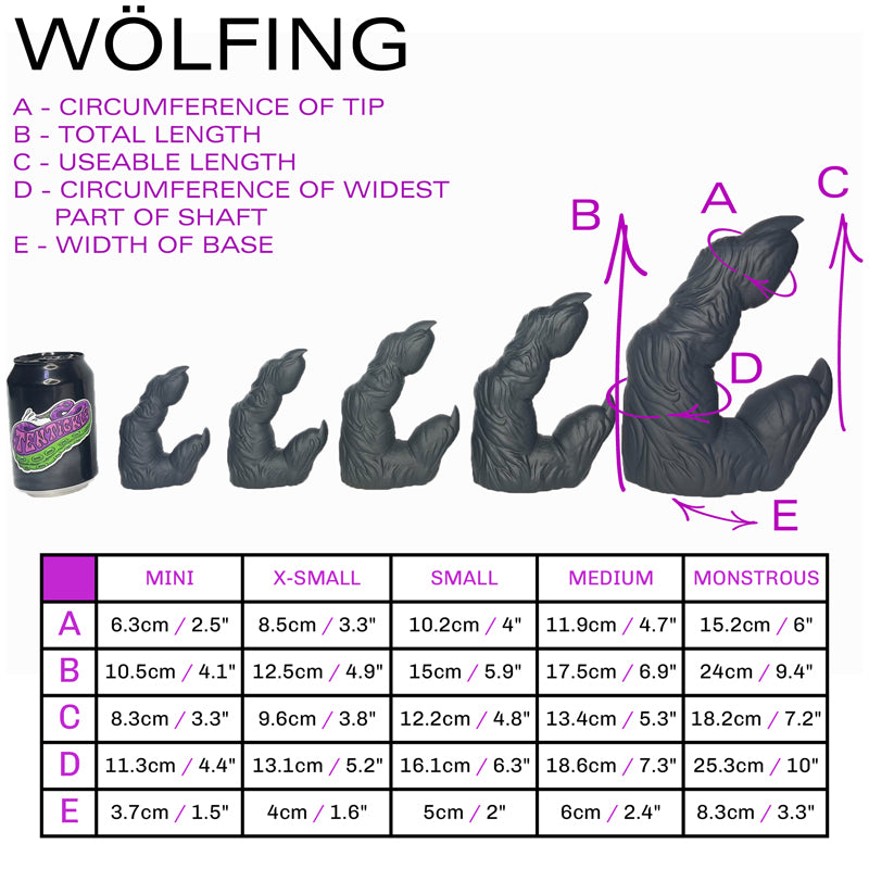 Size sheet showing 5 sizes of a clawed finger and thumb toy, next to a standard drinks can for reference. A size chart is below this, with the toy dimensions displayed in metric and imperial