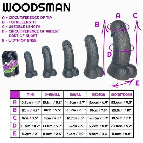 Size sheet for Woodsman, showing 5 sizes relative to a standard drinks can. Below this is a table containing specific dimensions of each of the sizes