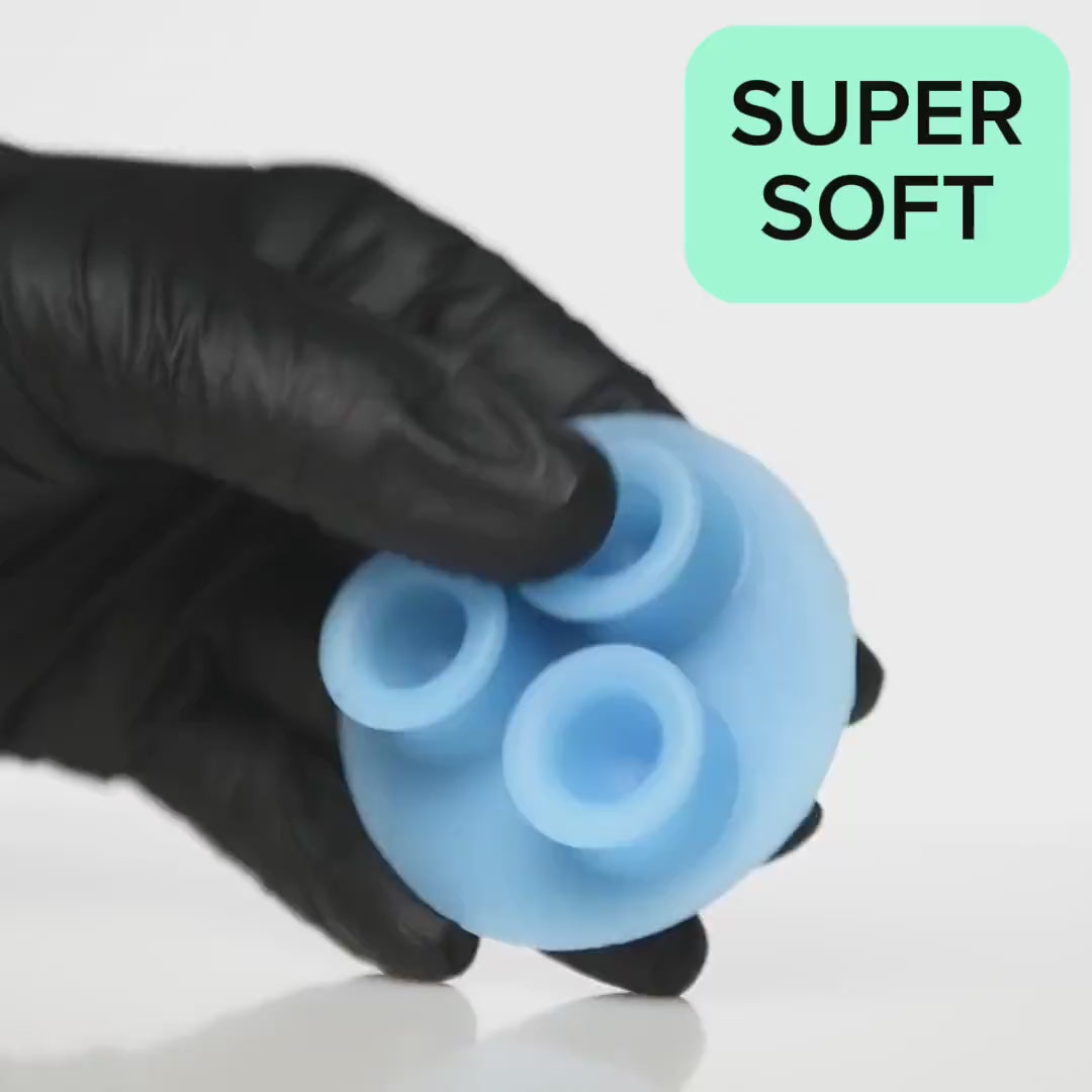 Video showing samples of Gorj grinder tentacle suckers in action at different firmness levels with changing text in corner: "super soft", "soft" and "medium"