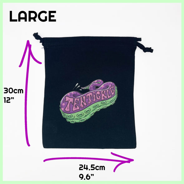A large black drawstring bag with Tentickle logo printed on the front, and size dimensions indicated on the left side and underneath