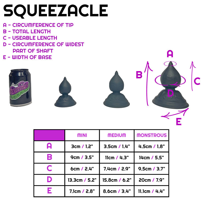 Size sheet for Squeezacle, showing 3 sizes relative to a standard drinks can. Below this is a table containing specific dimensions of each of the sizes